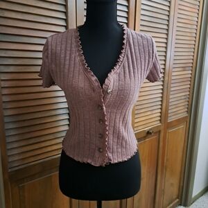 SO Women's Ribbed Button-Up Blouse - Mauve